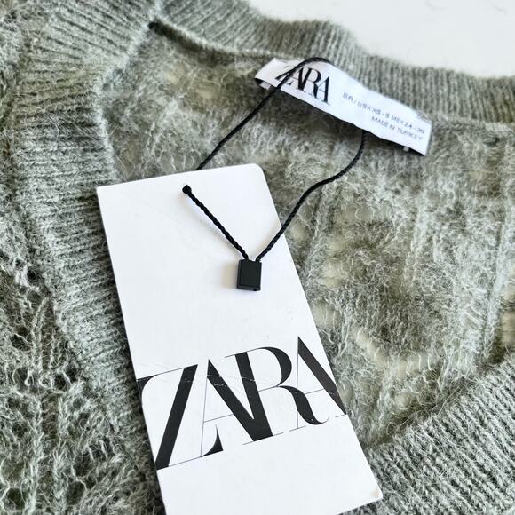 ZARA POINTELLE OPEN KNIT SWEATER Oversized Green Marl XS/S. NWT - Picture 7 of 11